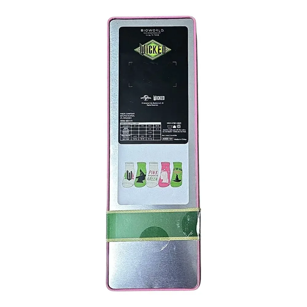 Wicked 5 Pack Ankle Socks Gift Tin Elphaba Glinda 9-11 Movie Musical Green Pink